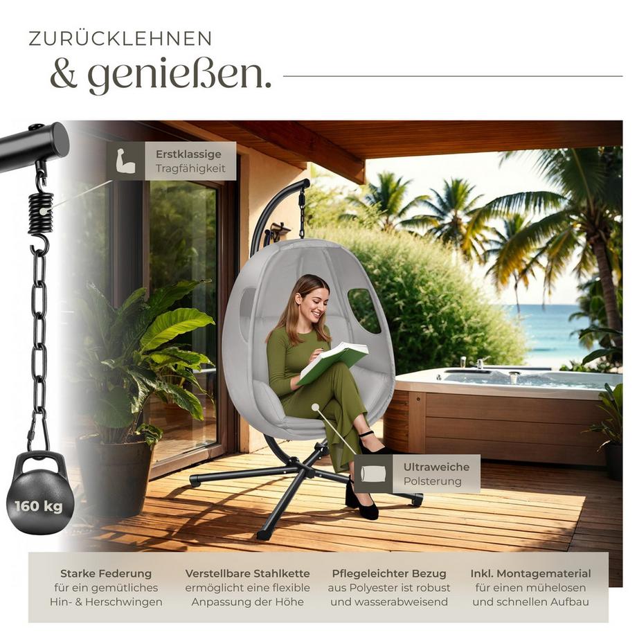 Tectake Hängesessel Anika mit extra dickem Sitzkissen, 360° drehbar stabil, bodenschonend und faltbar  