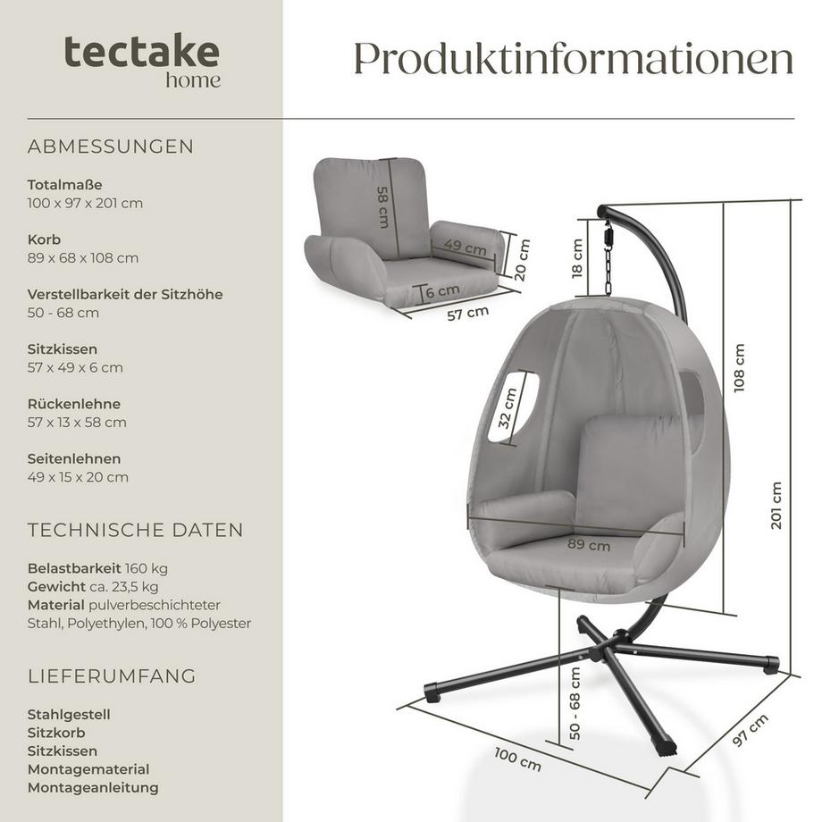 Tectake Hängesessel Anika mit extra dickem Sitzkissen, 360° drehbar stabil, bodenschonend und faltbar  