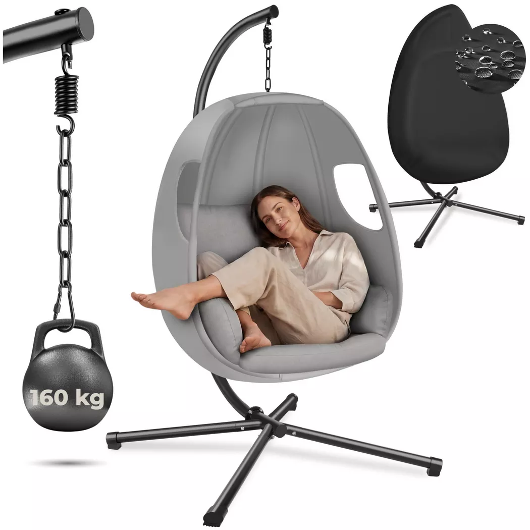 Tectake - Hängeliege mit Gestell Anika mit extra dickem Sitzkissen, 360° drehbar stabil, bodenschonend und faltbar, 1P, Grau