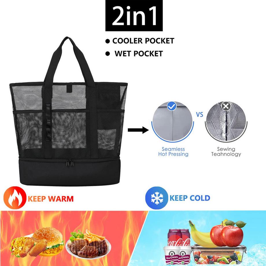 Only-bags.store  Mesh Beach Bag Large Foldable mit wasserdichter Kühltasche 