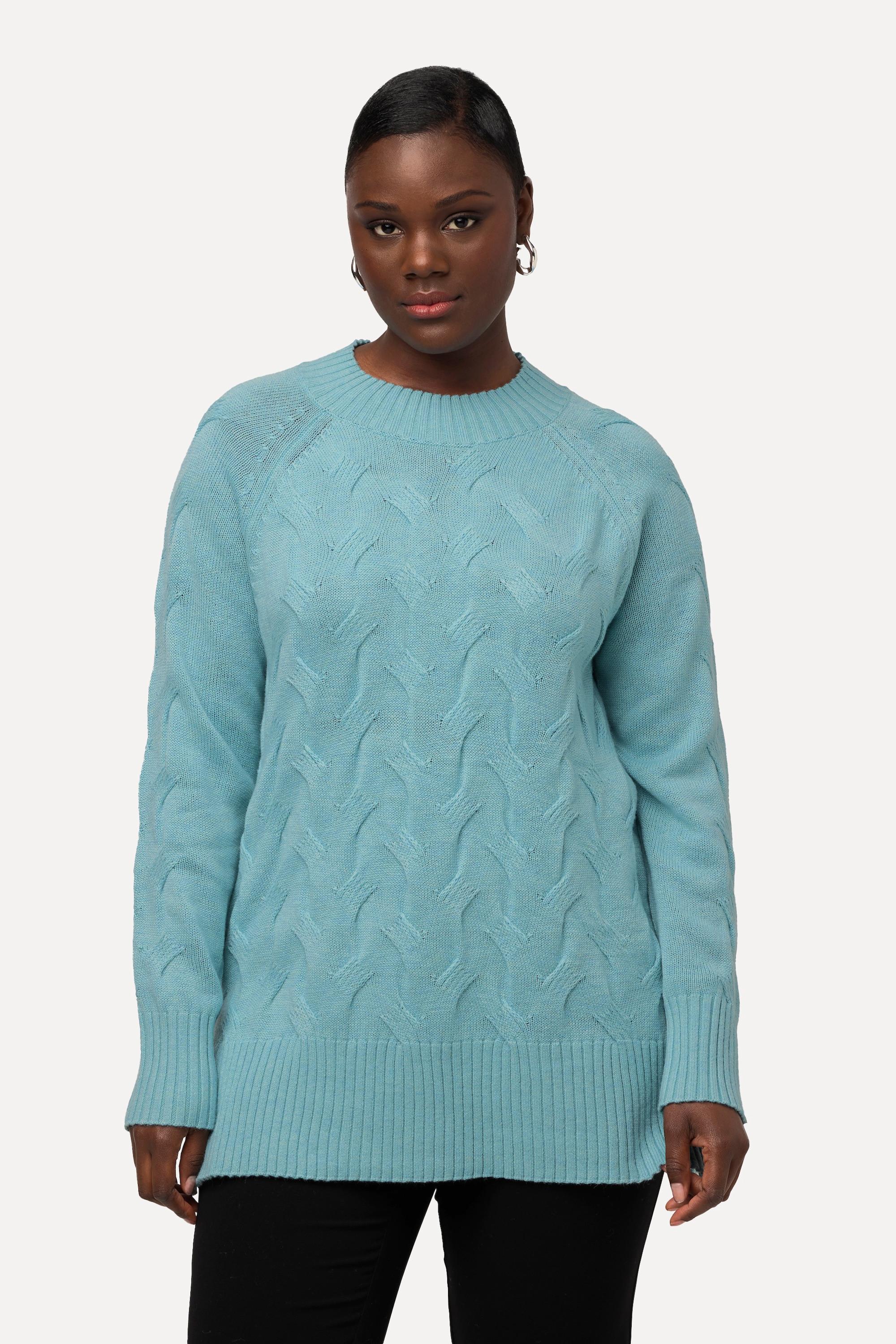 Ulla Popken  Pullover, Zopfmuster, Stehkragen, Raglan-Langarm 