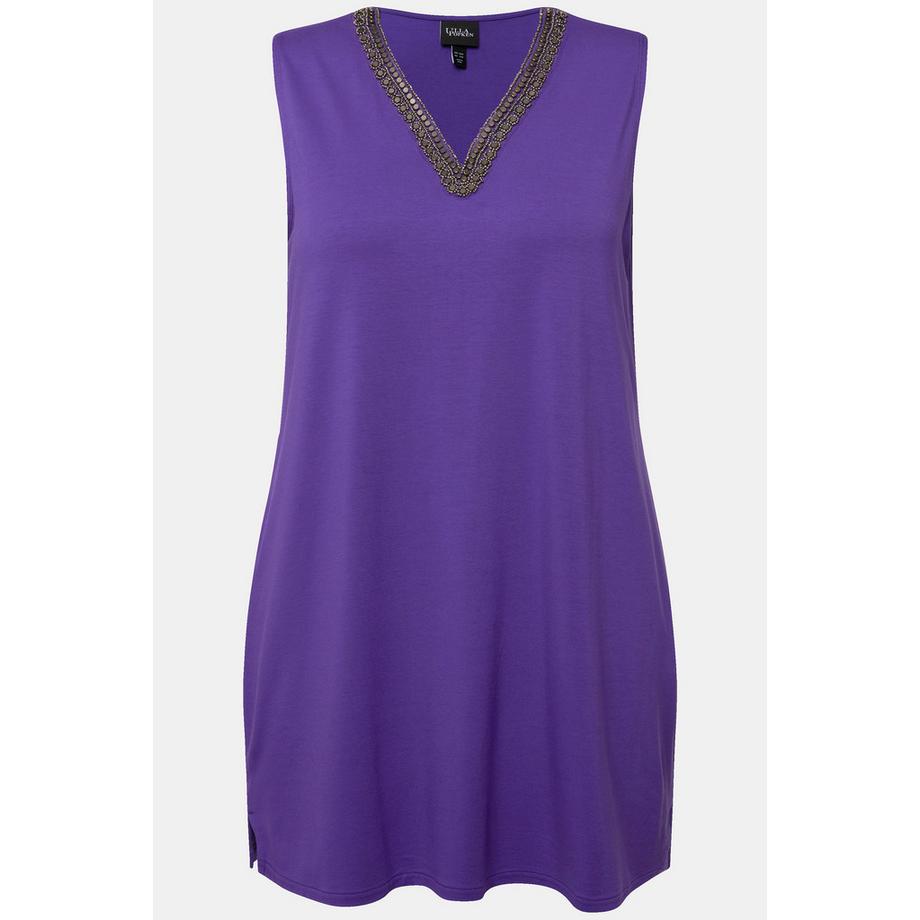 Ulla Popken Top Tunique sans Manches Coupe A avec Col Perlé  