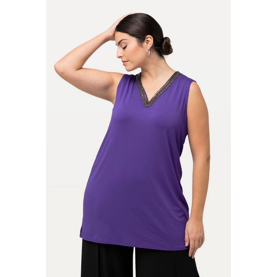 Ulla Popken Top Tunique sans Manches Coupe A avec Col Perlé  