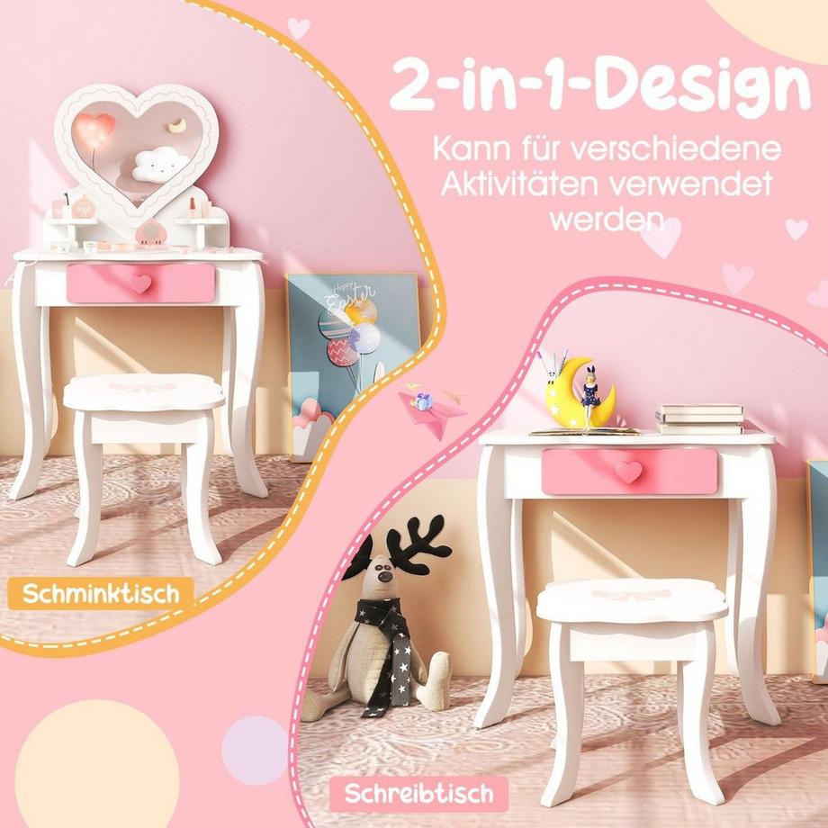 B2X  Kinder Schminktisch Set mit ♡Herzförmigem Spiegel & Hocker & Schublade & Zubehör 
