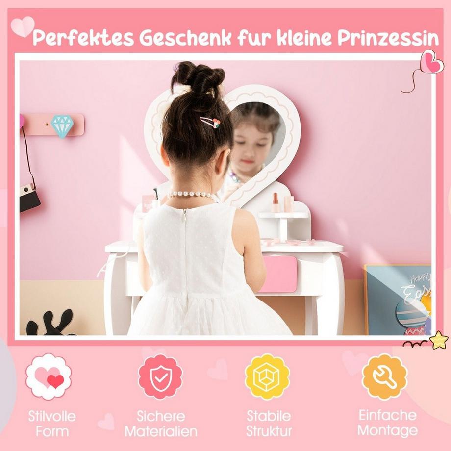 B2X  Kinder Schminktisch Set mit ♡Herzförmigem Spiegel & Hocker & Schublade & Zubehör 