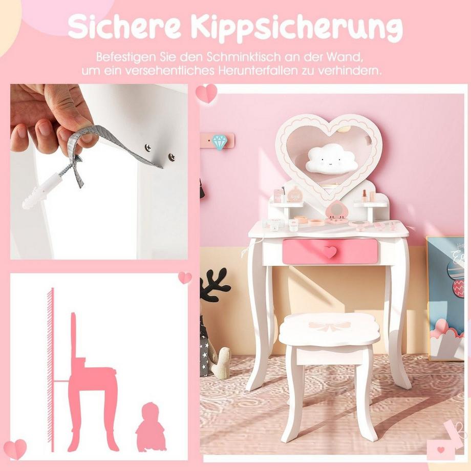 B2X  Kinder Schminktisch Set mit ♡Herzförmigem Spiegel & Hocker & Schublade & Zubehör 