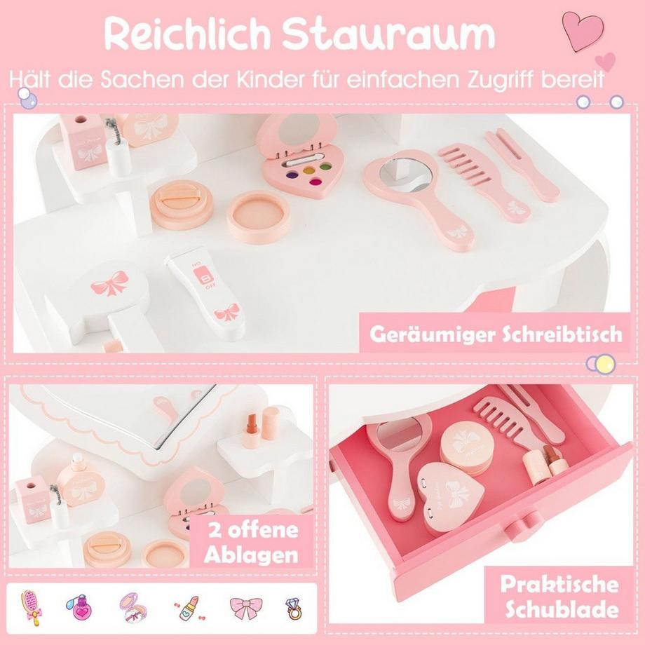 B2X  Kinder Schminktisch Set mit ♡Herzförmigem Spiegel & Hocker & Schublade & Zubehör 