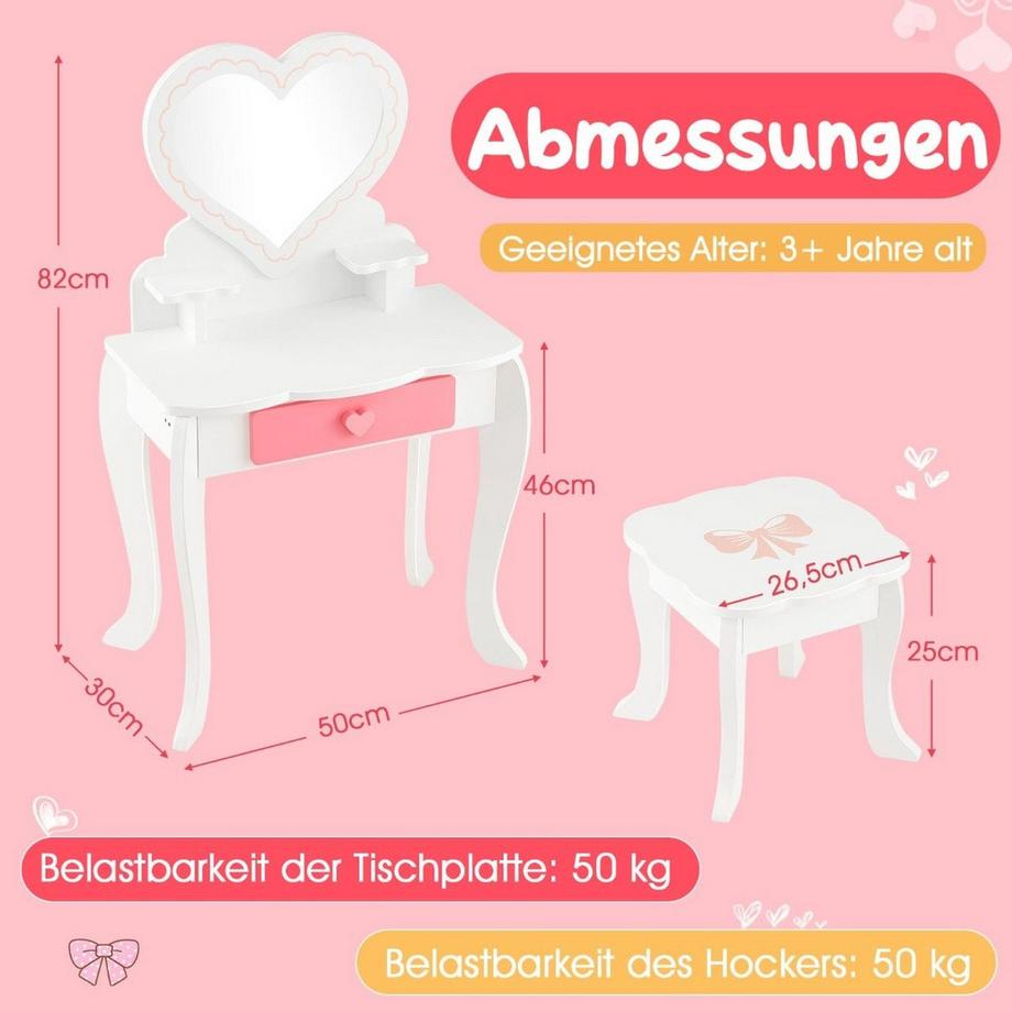 B2X  Kinder Schminktisch Set mit ♡Herzförmigem Spiegel & Hocker & Schublade & Zubehör 