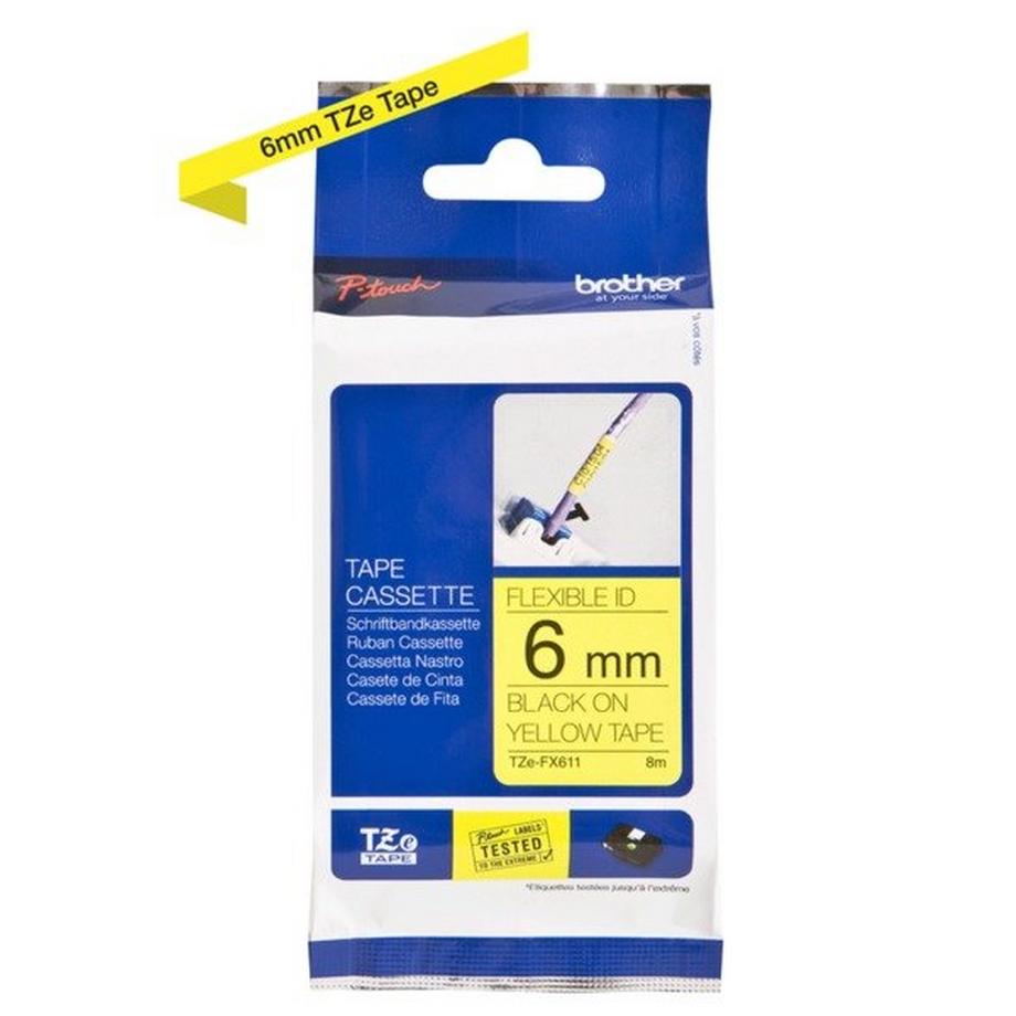 Nastro flessibile Brother TZe-FX TZe-FX611 Colore Nastro: Giallo Colore carattere:Nero 6 mm 8 m