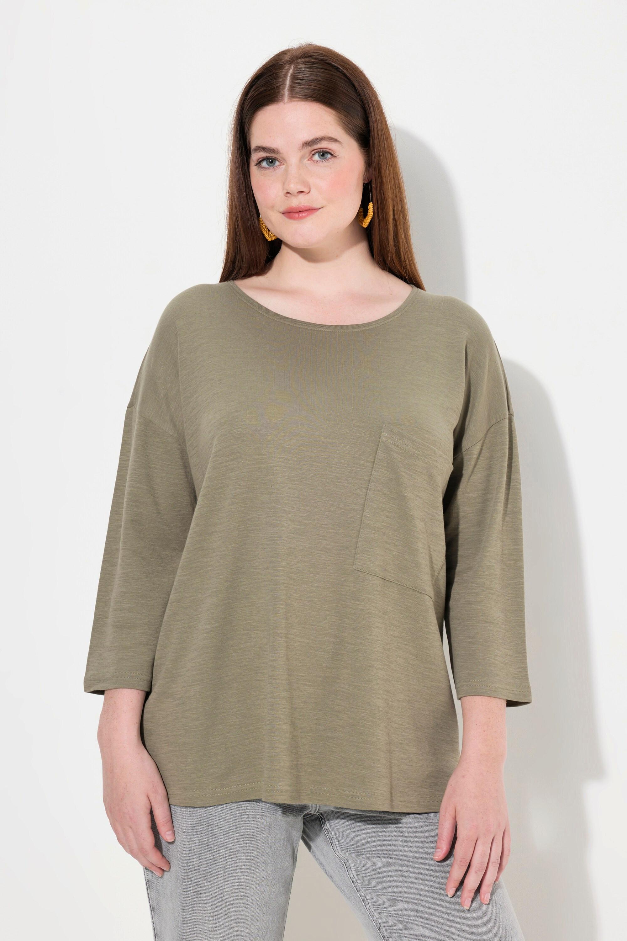 Ulla Popken  Maglia dal taglio oversize in cotone biologico con scollo a girocollo e maniche a 3/4 