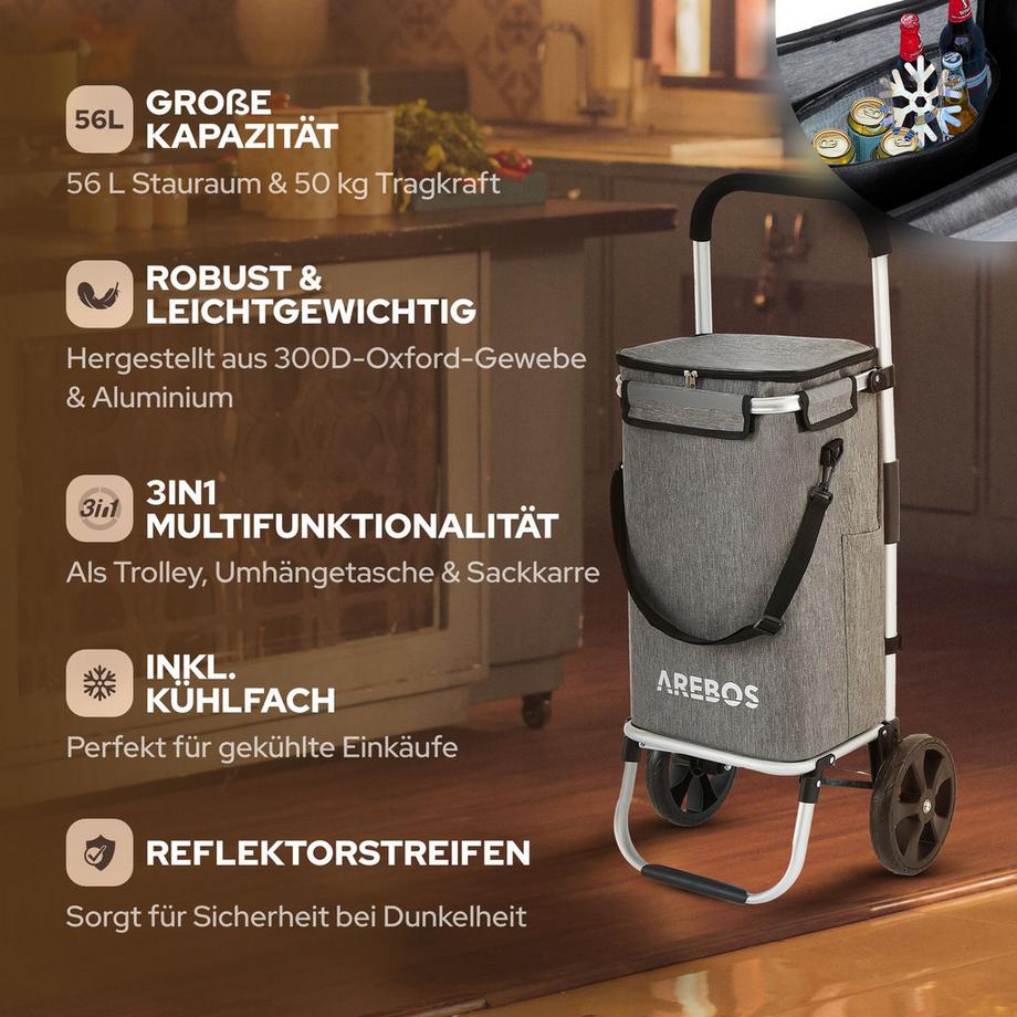 Arebos  3in1 Einkaufstrolley Einkaufsroller Einkaufswagen klappbar Tragetasche 