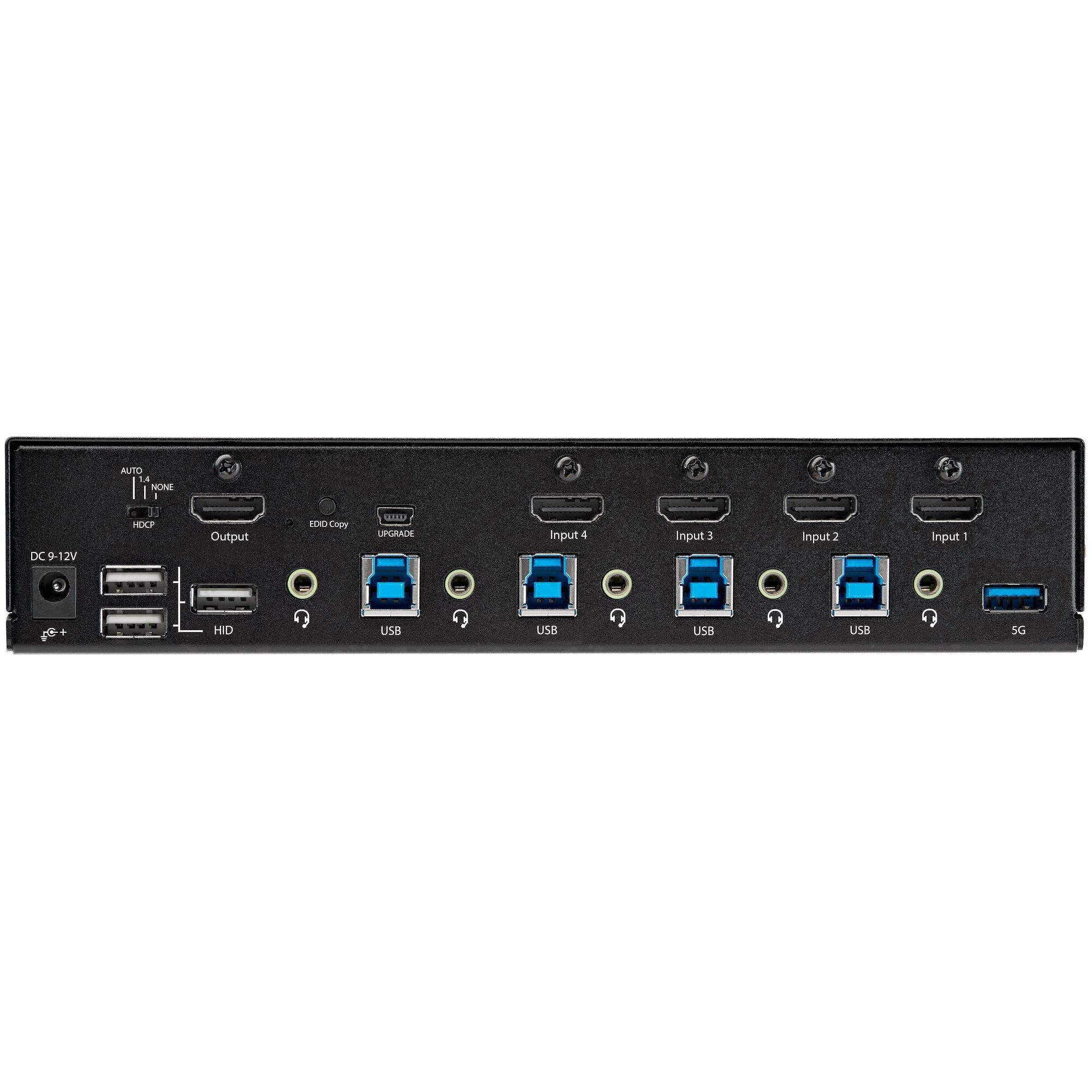 STARTECH  KVM Switch HDMI a 4 porte - Monitor singolo 4K 60Hz Ultra HD HDR - Switch KVM HDMI 2.0 per PC con 2 porte USB 3.0 Hub (5Gbps) e 4x USB 2.0 HID, Audio - Commutazione con tasti rapidi - Conforme allo standard TAA 