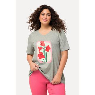 Ulla Popken  T-shirt, fleurs, coupe évasée, col V, manches courtes 