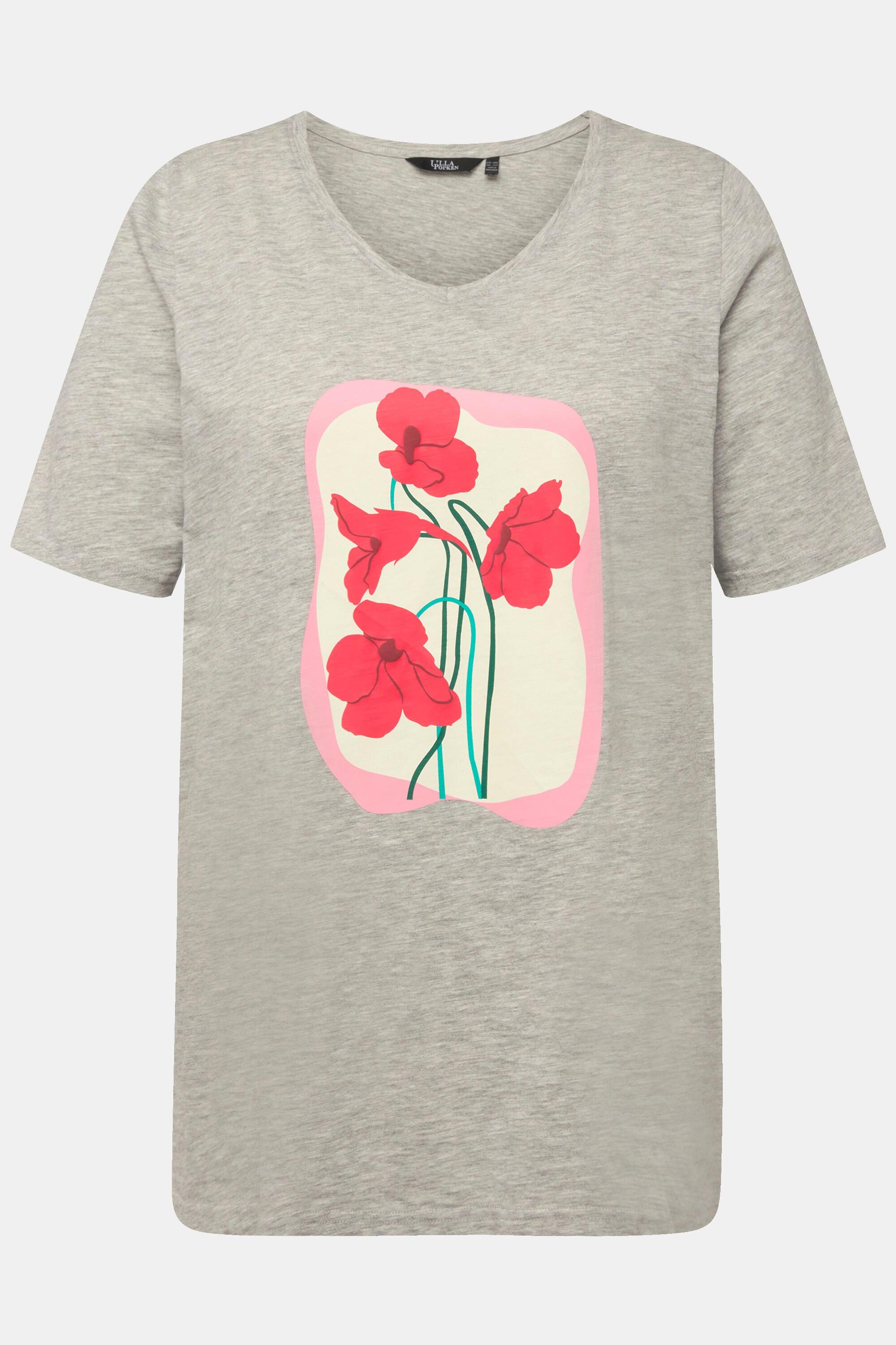 Ulla Popken  T-shirt, fleurs, coupe évasée, col V, manches courtes 