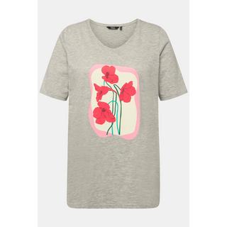 Ulla Popken  T-shirt dal taglio svasato con fiori, scollatura a V e mezze maniche 