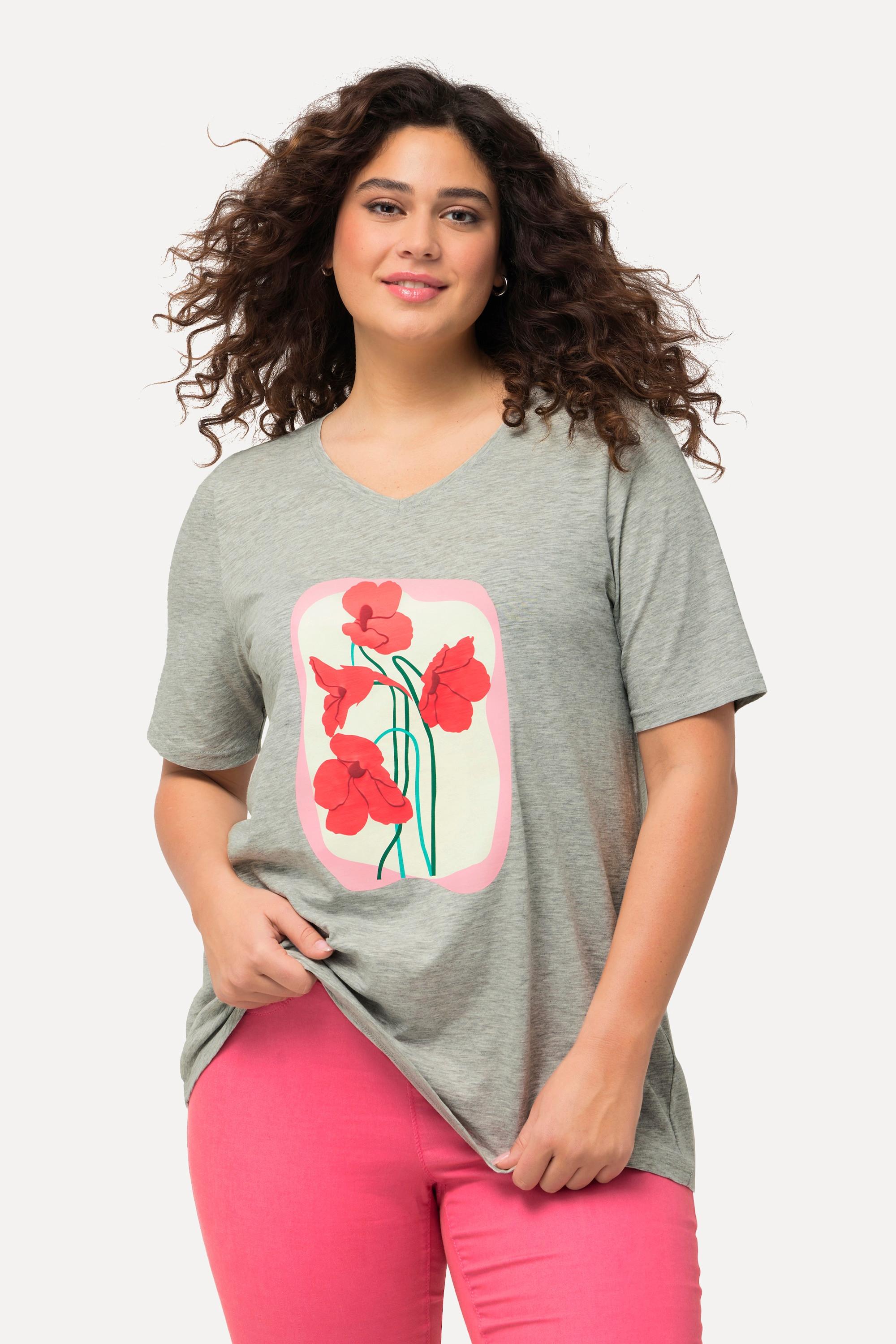 Ulla Popken  T-shirt, fleurs, coupe évasée, col V, manches courtes 