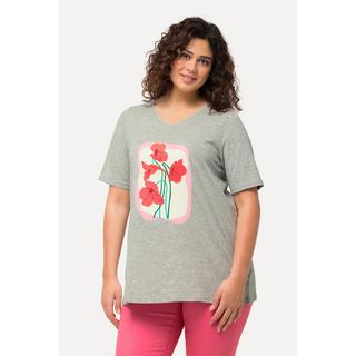 Ulla Popken  T-shirt dal taglio svasato con fiori, scollatura a V e mezze maniche 