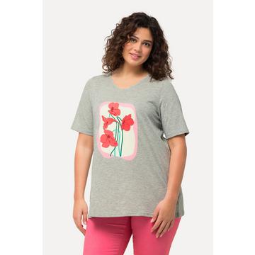 T-shirt, fleurs, coupe évasée, col V, manches courtes