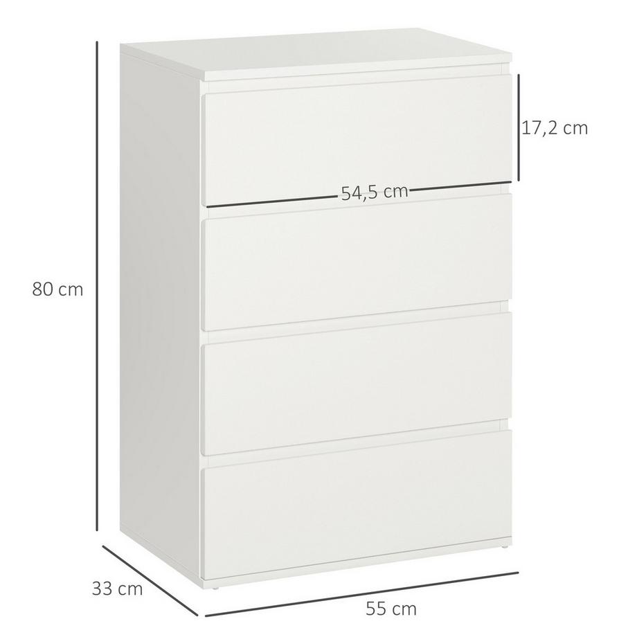Northio Commode, Buffet 4 Tiroirs, Meuble De Bureau Avec Tirettes Anti-Basculement, Blanc, 55 X 33 X 80 Cm  
