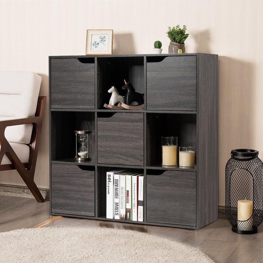 Northix 9-Fächer Stauraum Organizer Regal mit Türen freistehendes Holz Bücherregal-Grau  
