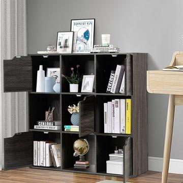 9-Fächer Stauraum Organizer Regal mit Türen freistehendes Holz Bücherregal-Grau
