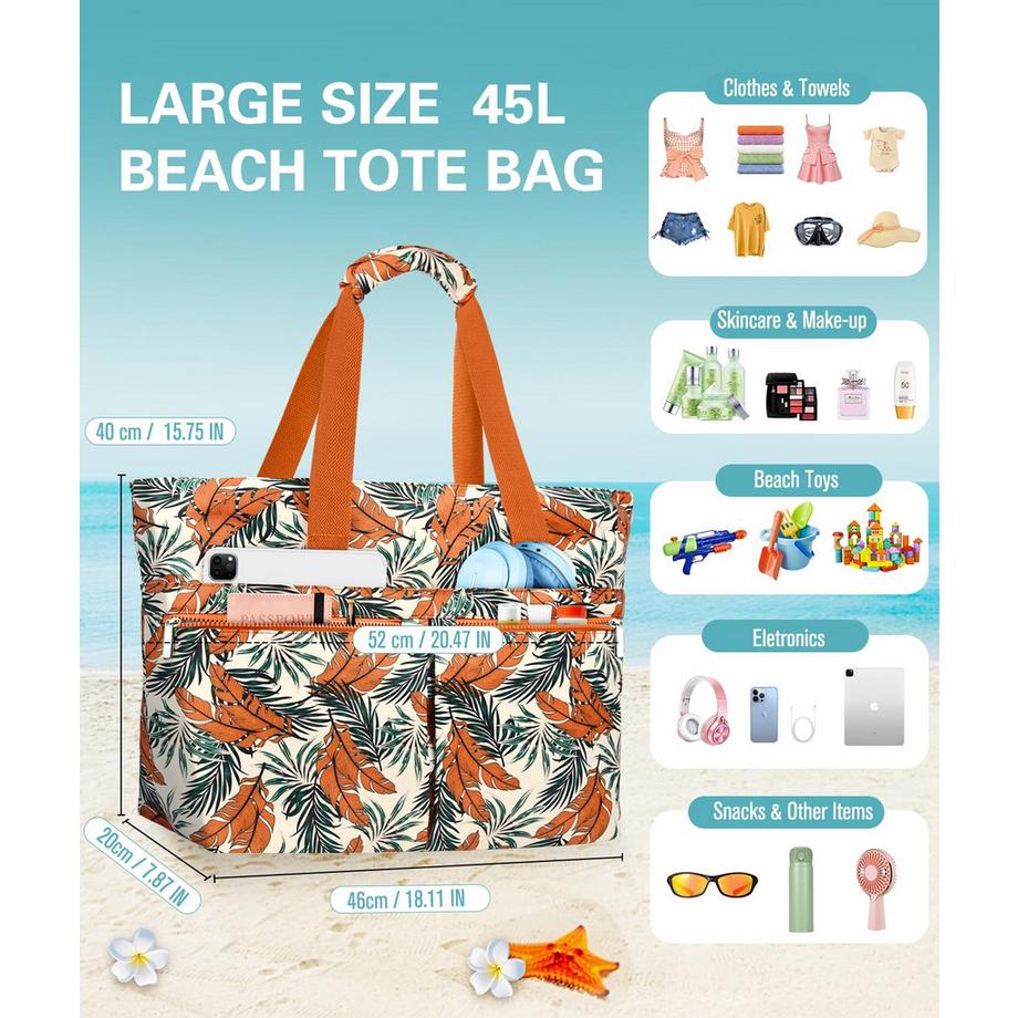 Only-bags.store Strandtasche mit tropischem Blätterdruck und Reißverschluss  