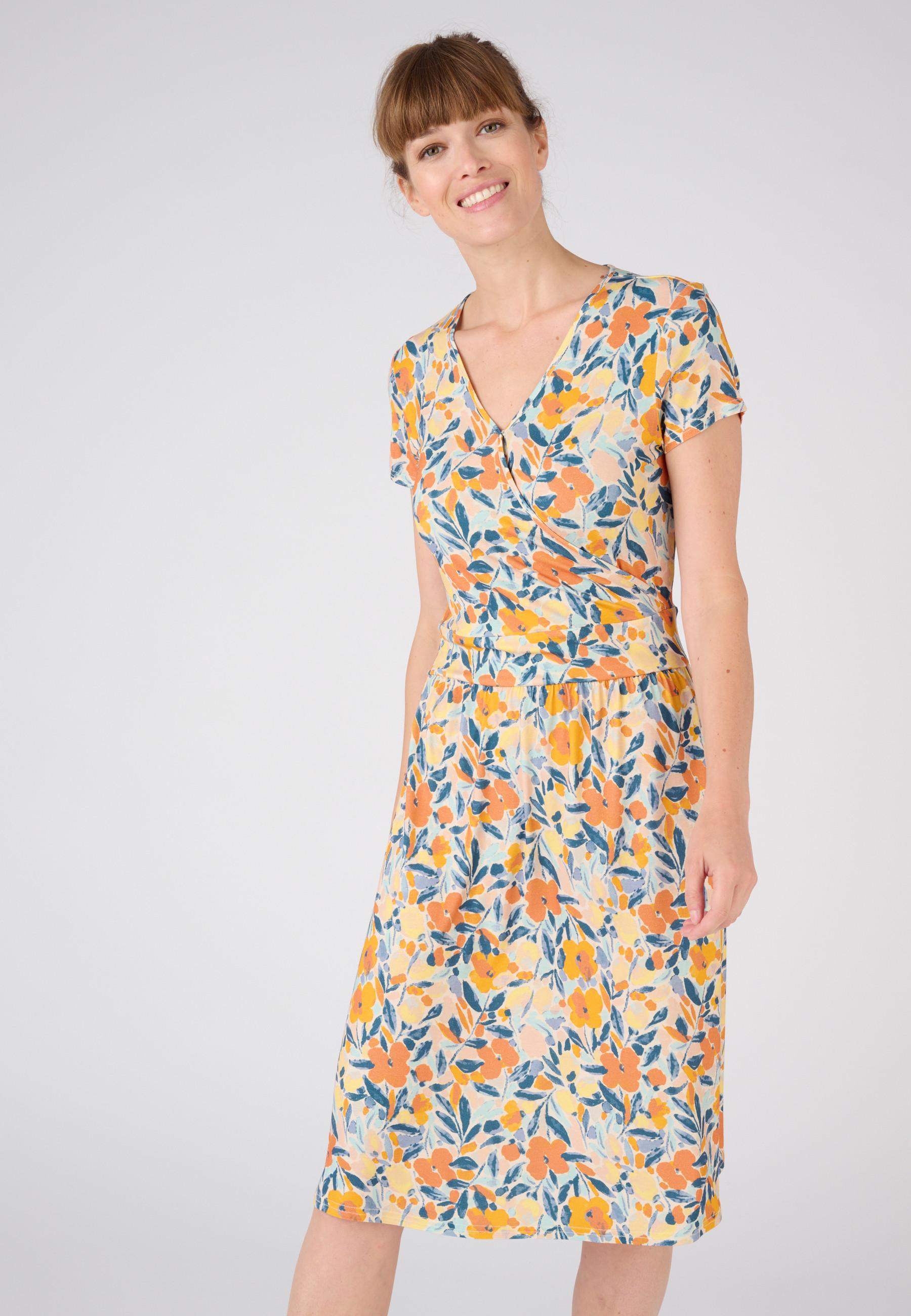 Image of Kleid In Wickeloptik, Flacher Tailleneinsatz, V-ausschnitt. Damen Orange 38