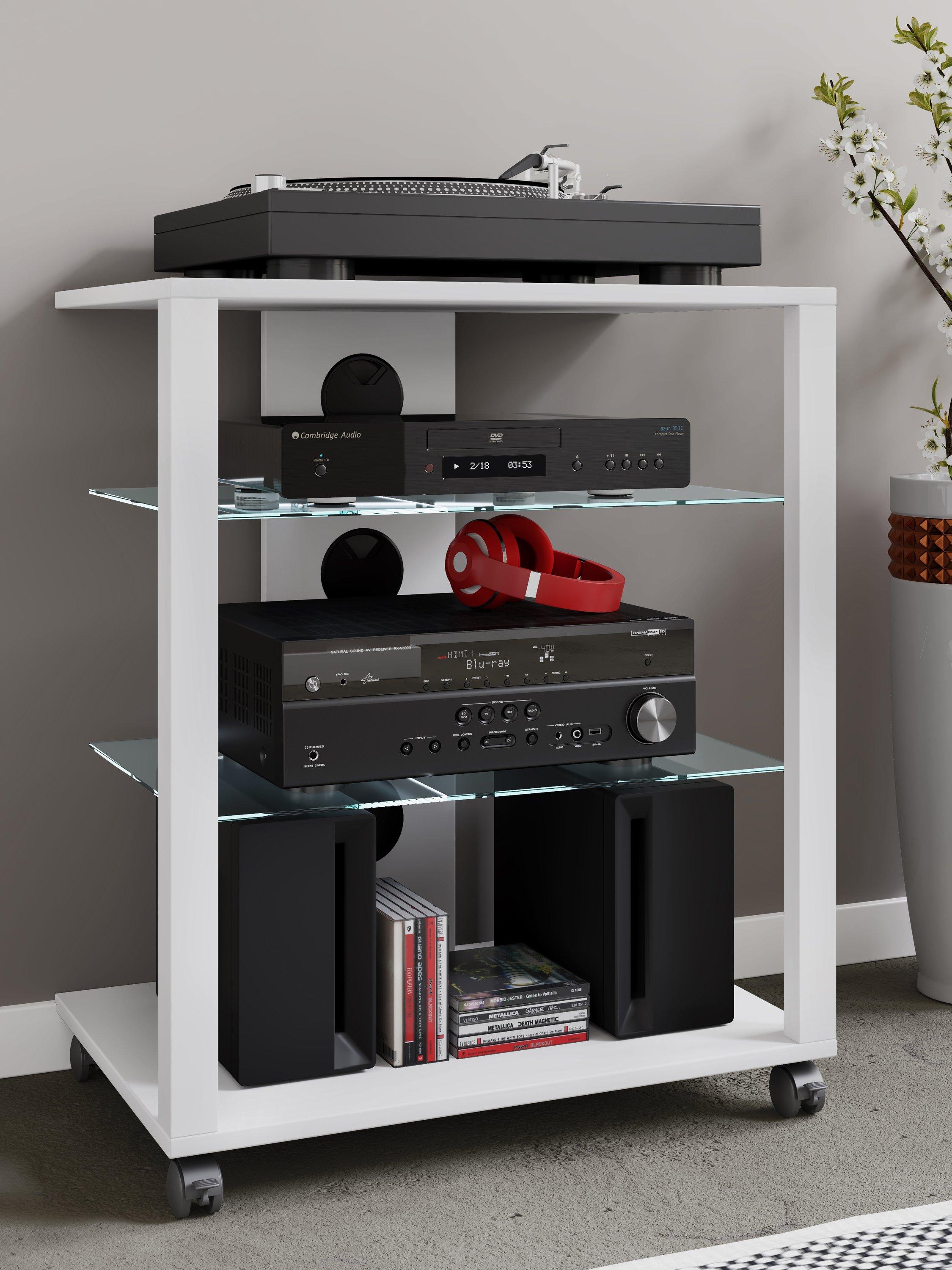 VCM  Meubles Hifi Racks Armoire Phono mobile Etagère en verre à roulettes Phono Mediaregal Folas 