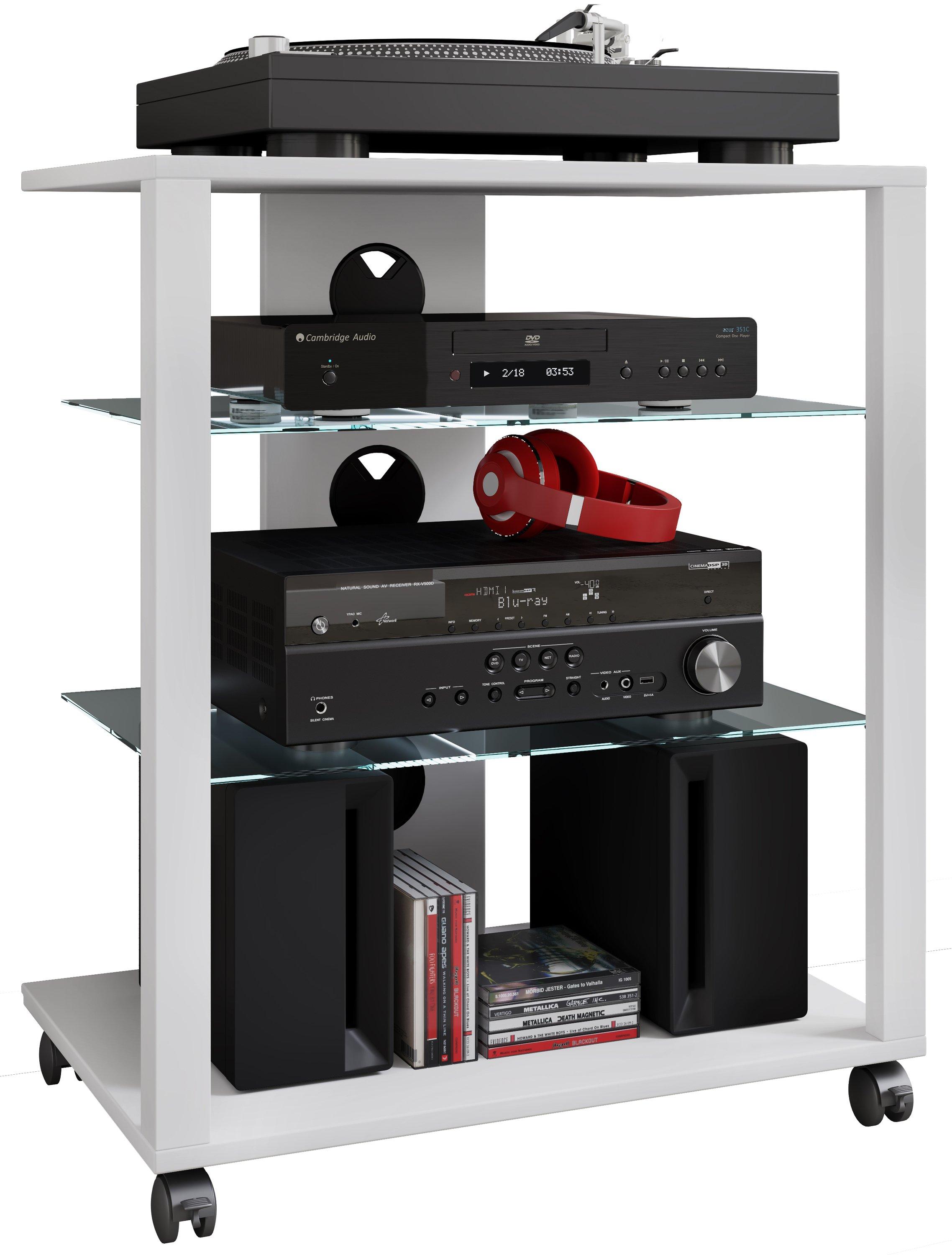 VCM  Meubles Hifi Racks Armoire Phono mobile Etagère en verre à roulettes Phono Mediaregal Folas 