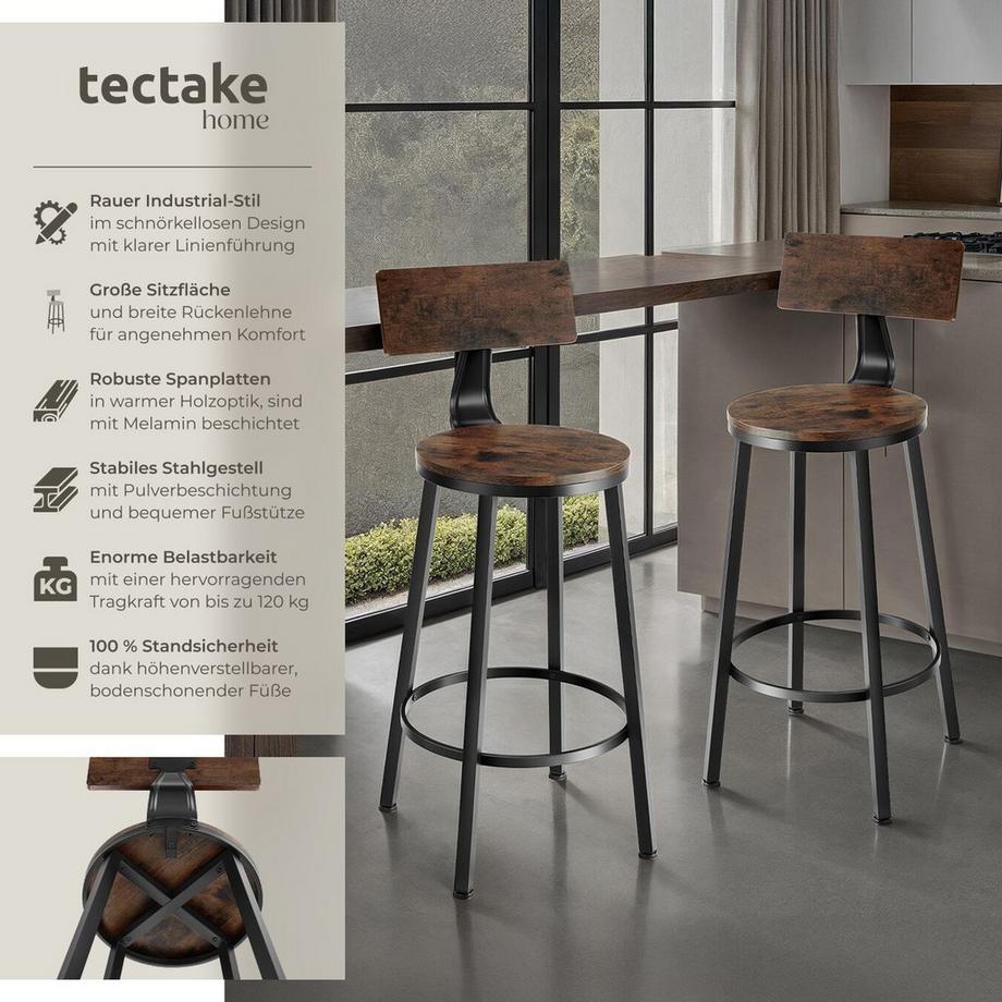 Tectake Set di 2 sgabelli da bar Poole con schienale  