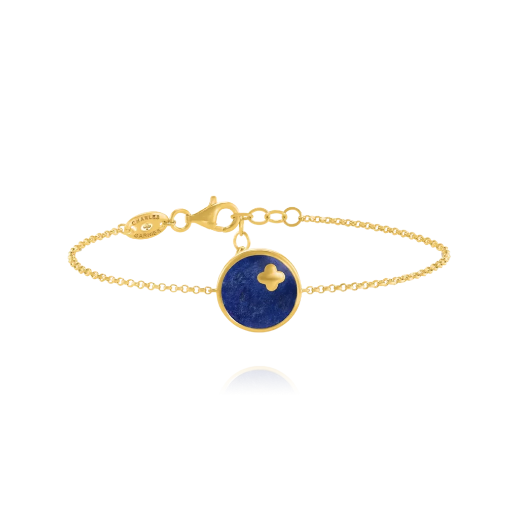 Charles Garnier  LEGENDE-Armband mit rundem Anhänger und Kleeblatt aus Lapislazuli und goldenem Silber 