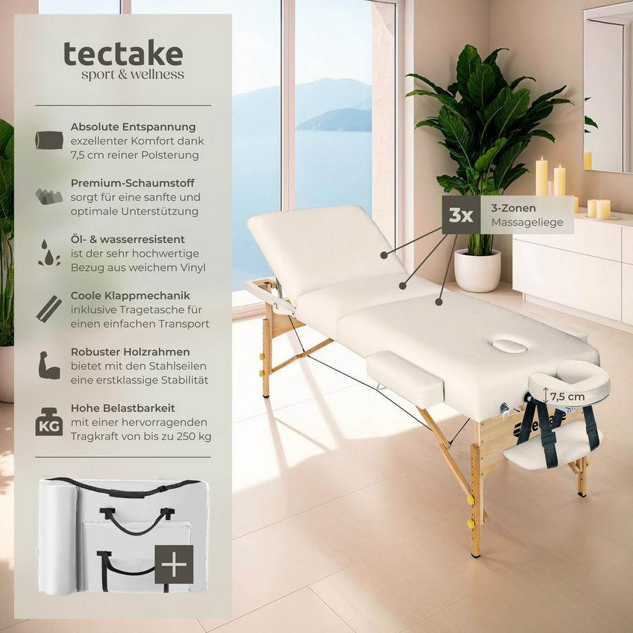 Tectake 3 Zonen Massageliege Somwang mit 7,5cm Polsterung und Holzgestell  