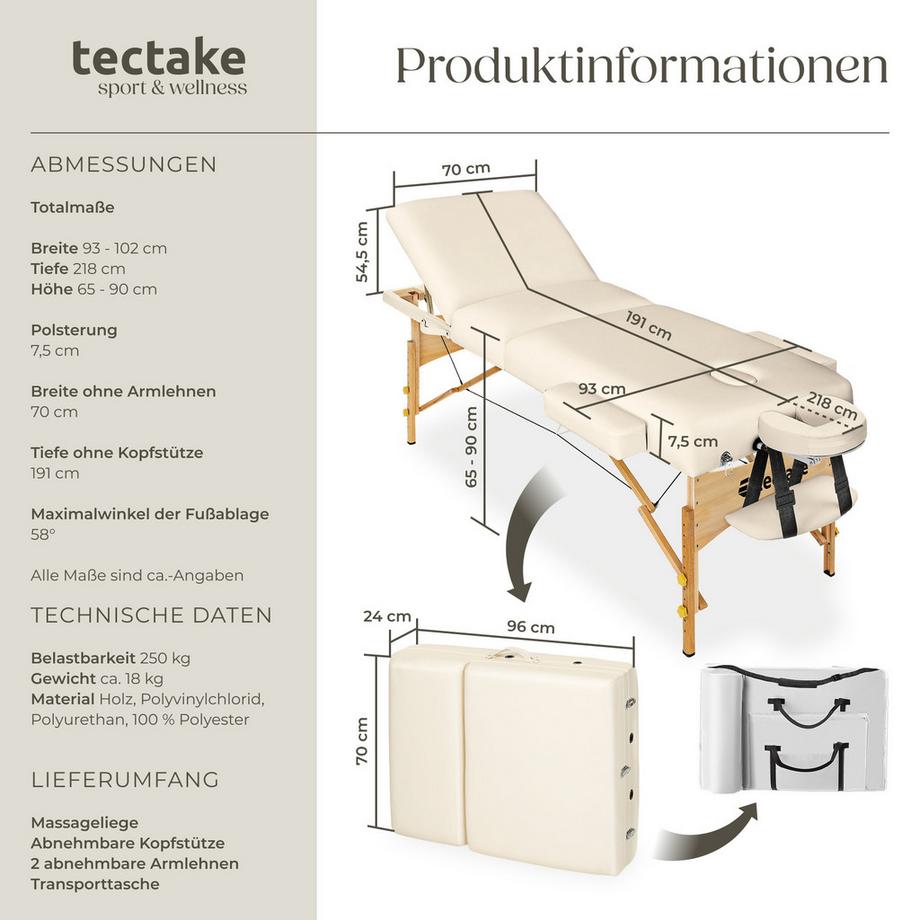 Tectake 3 Zonen Massageliege Somwang mit 7,5cm Polsterung und Holzgestell  