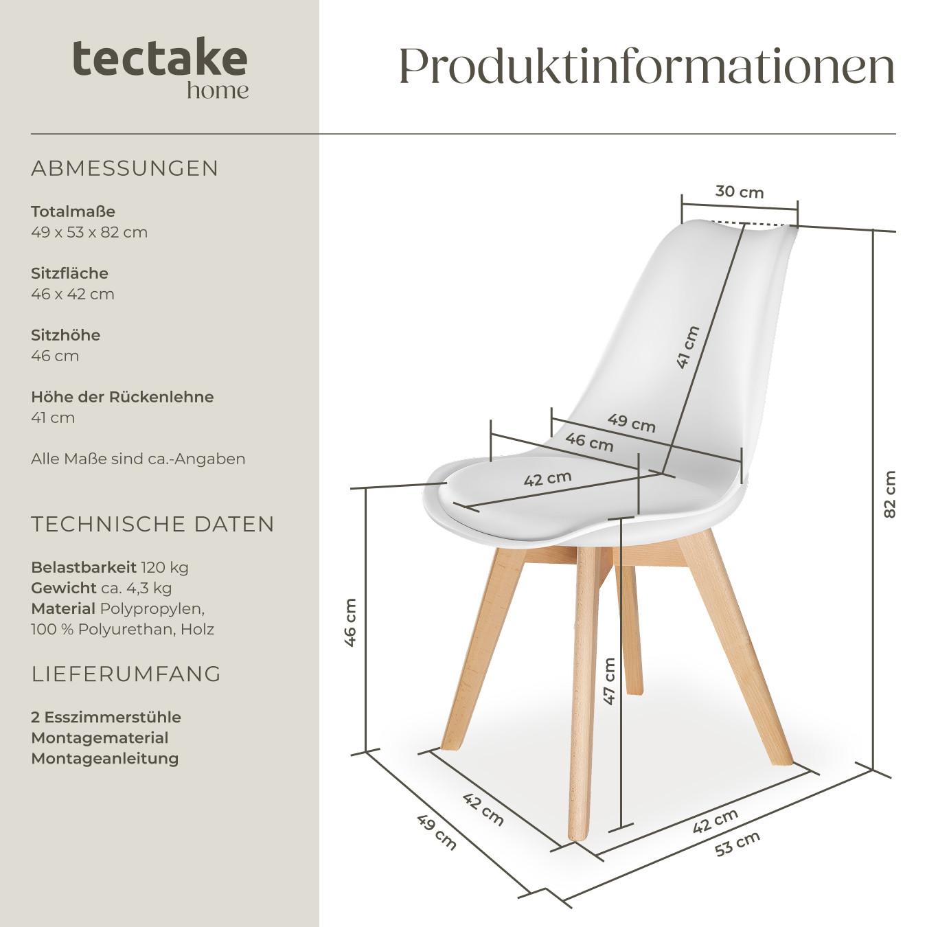 Tectake Set Esszimmerstuhl Frederikke Scandi-Design gepolsterte Sitzfläche, ergonomische Form  