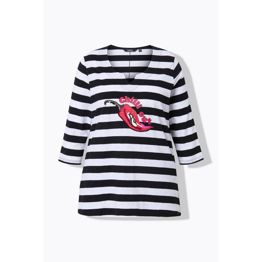 Ulla Popken T-shirt rayé Classic Col V Manches 3/4 motif piment  