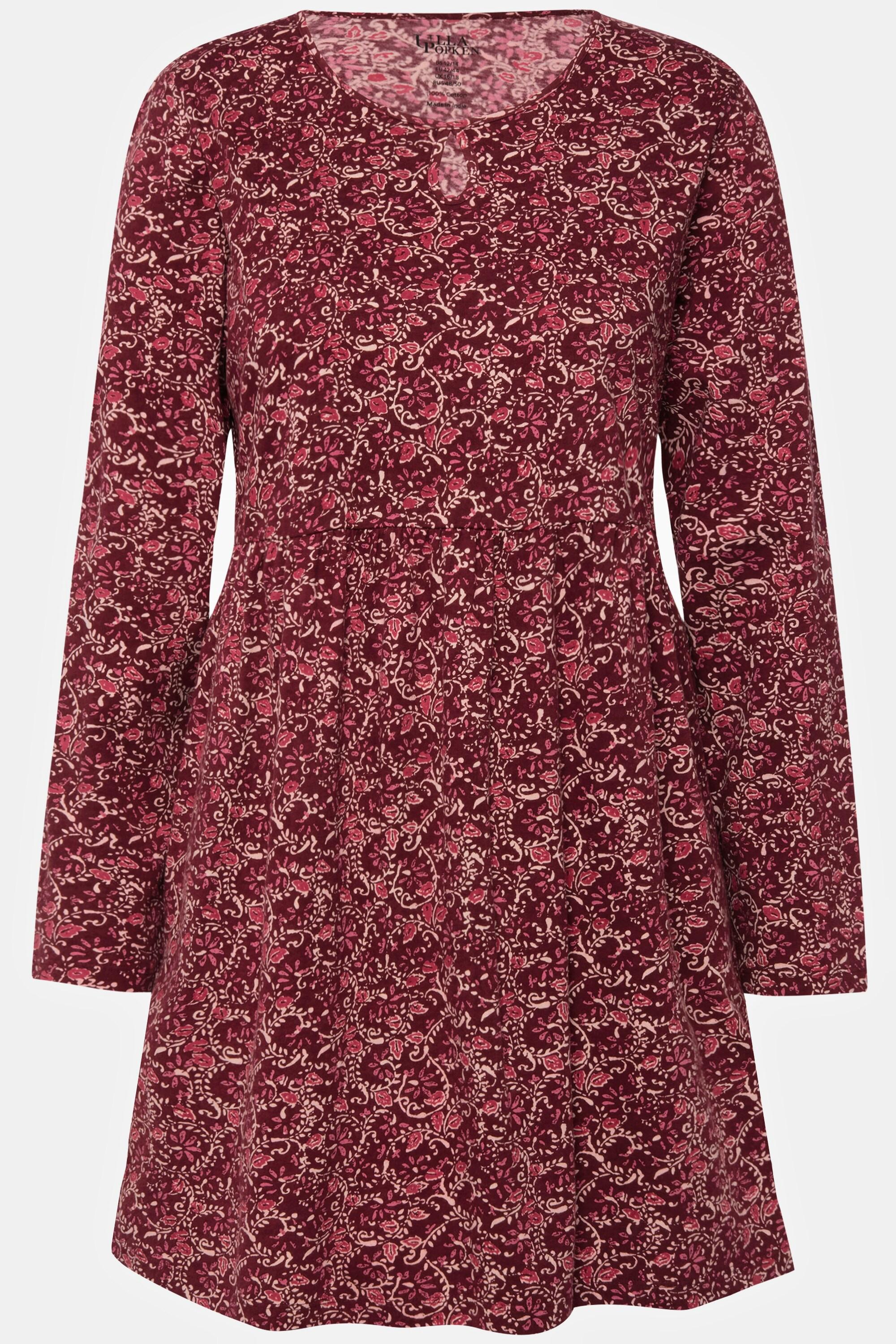 Ulla Popken  Robe trapèze en jersey à col rond avec découpe et manches longues, motif floral 