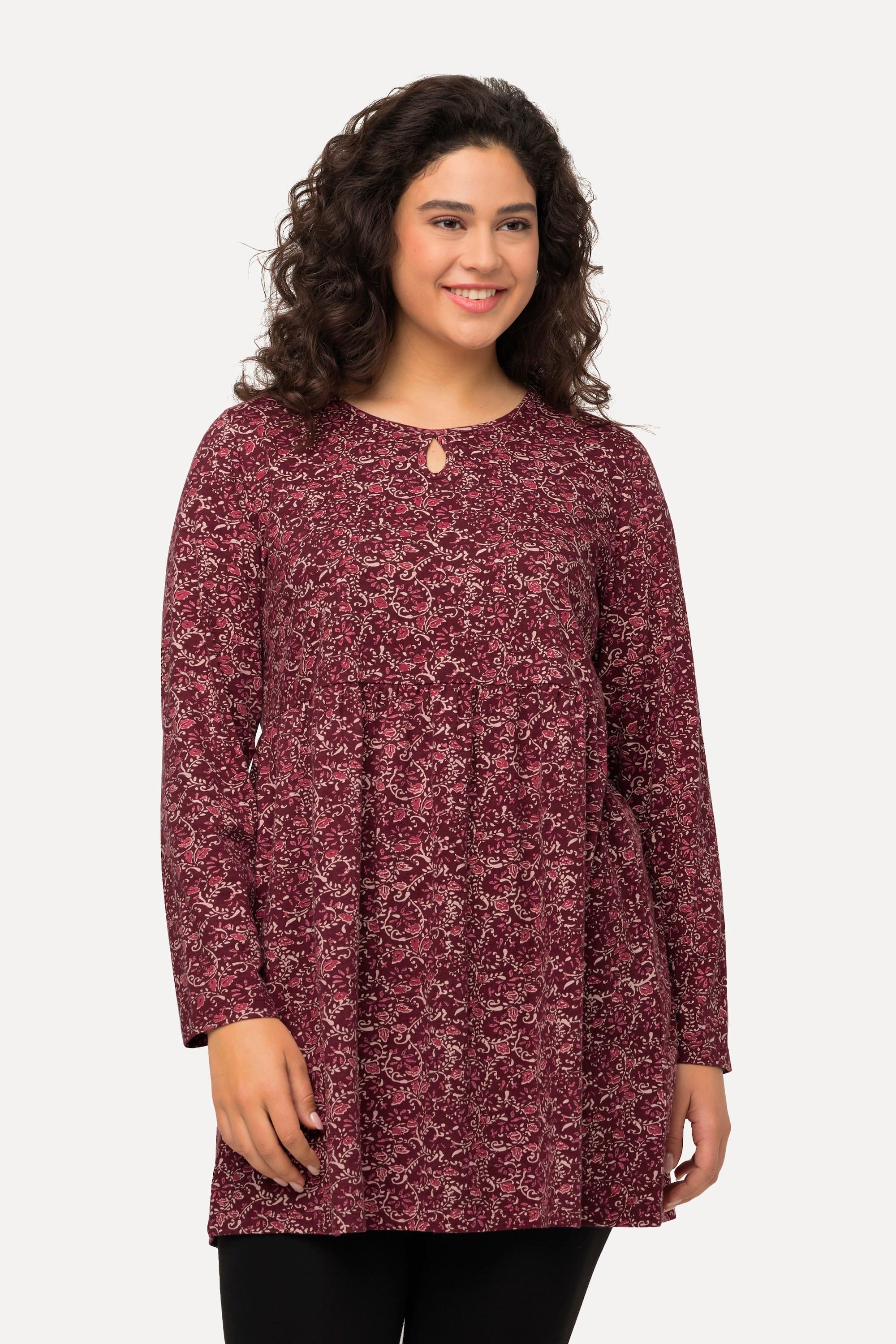 Ulla Popken  Kleid, A-Linie, Jersey mit Blüten, Rundhals mit Keyhole, Langarm 