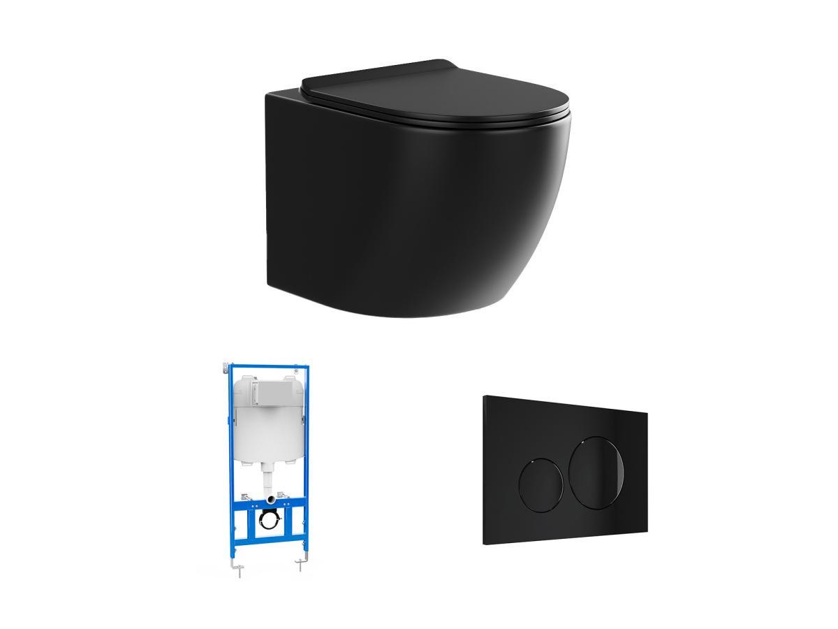 Vente-unique Pack WC suspendu noir mat avec bâti-support et plaque de déclenchement - JAVOINE  