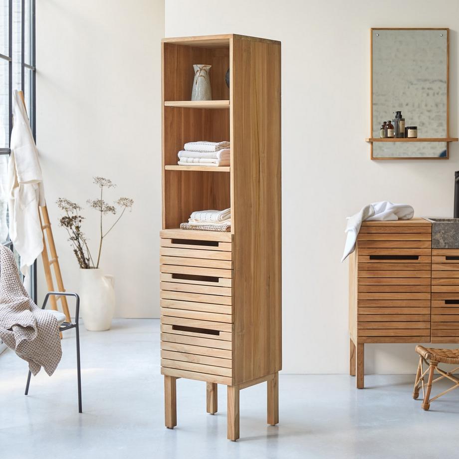 Tikamoon Hochschrank aus massivem Teakholz Slats  