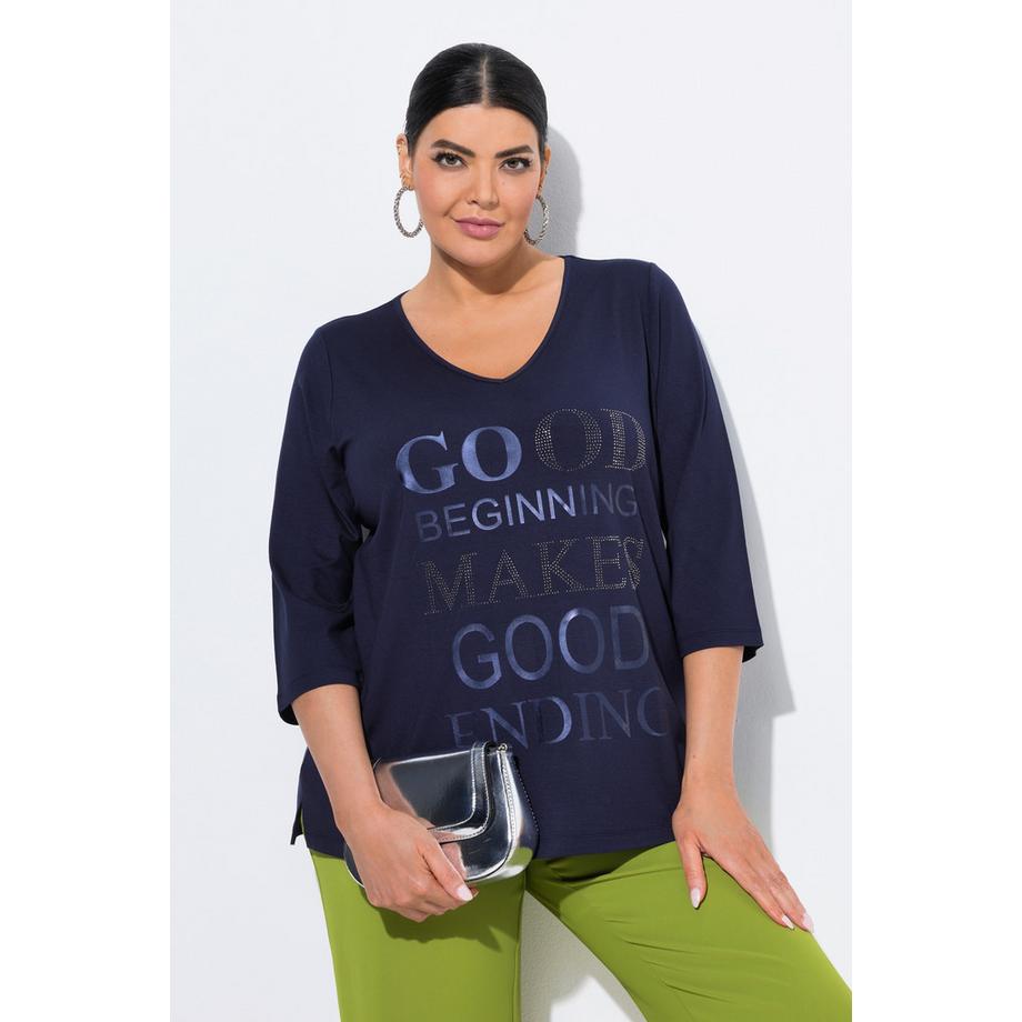 Ulla Popken Maglia Scritta Metallica Scollo a V Maniche 3/4  