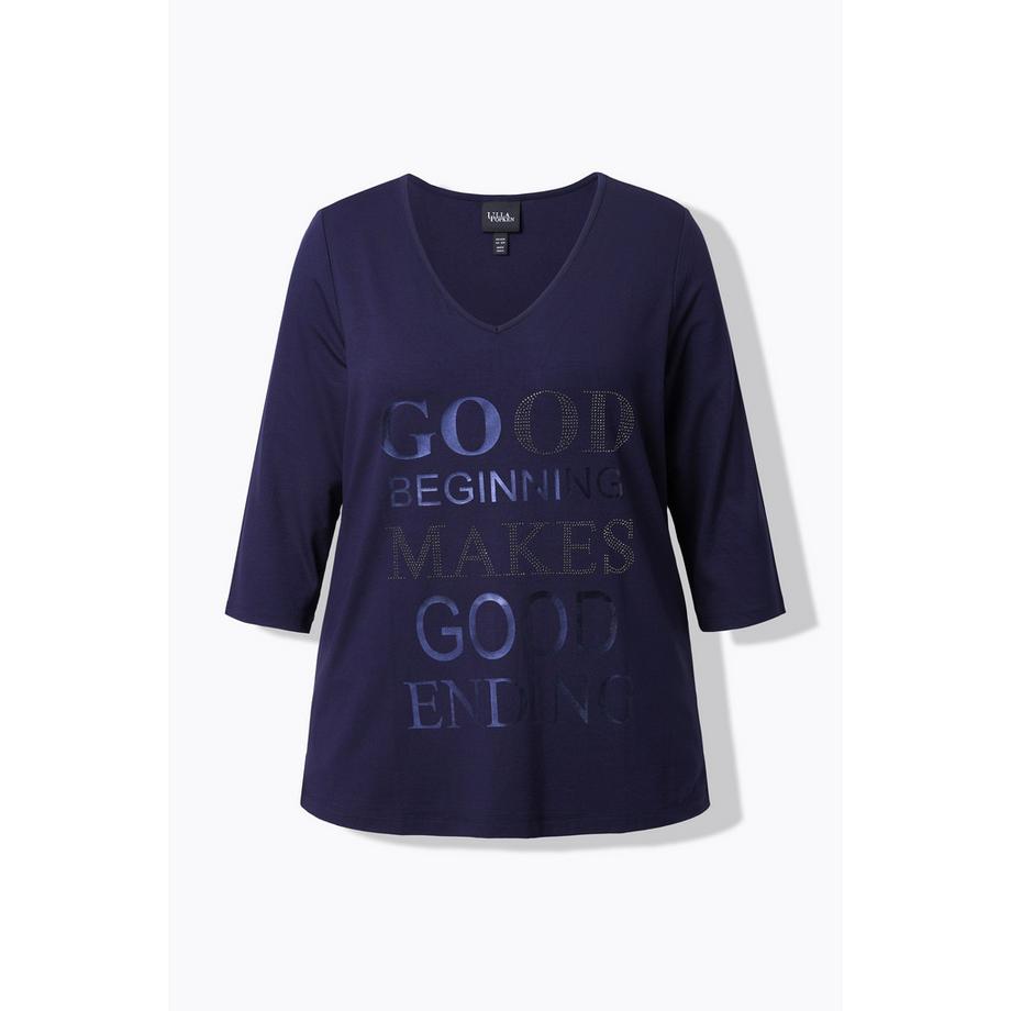 Ulla Popken Maglia Scritta Metallica Scollo a V Maniche 3/4  