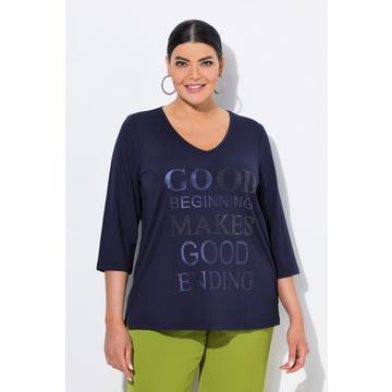 Maglia con scritta metallica, scollo a V e maniche a 3/4