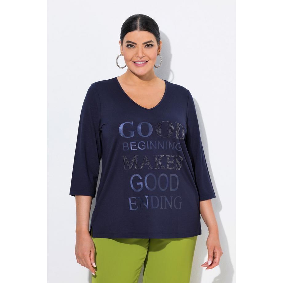 Ulla Popken Maglia Scritta Metallica Scollo a V Maniche 3/4  