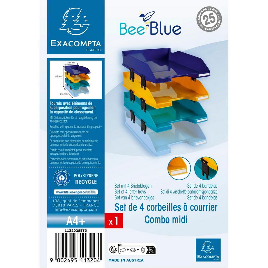 Exacompta Set de 4 corbeilles-à-courrier Combo Midi Bee Blue  