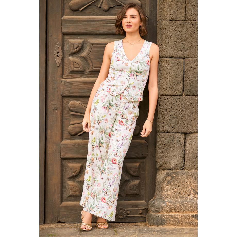 Pantalon Large en Mélange de Lin avec Imprimé Papillon et Floral