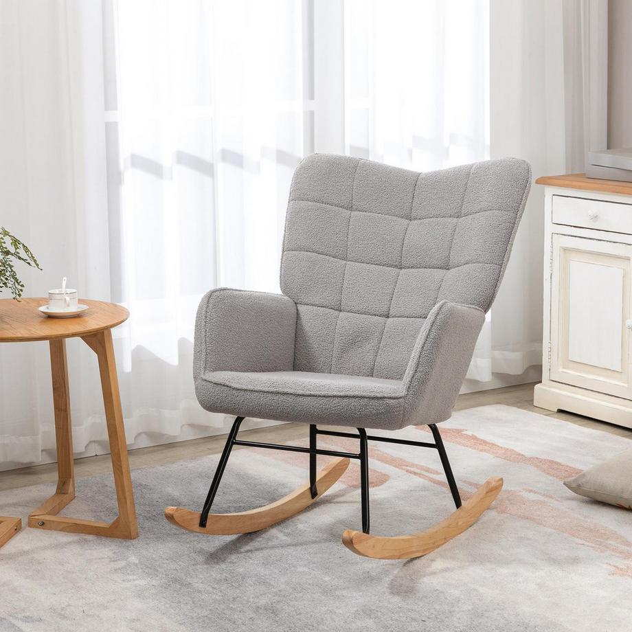 Northio Fauteuil À Bascule, Fauteuil D'Appoint, Fauteuil De Salon, Fauteuil De Relaxation, Capacité De Charge Jusqu'À 120 Kg, Polaire Berbère, Gris Clair 71 X 92 X 101 Cm  
