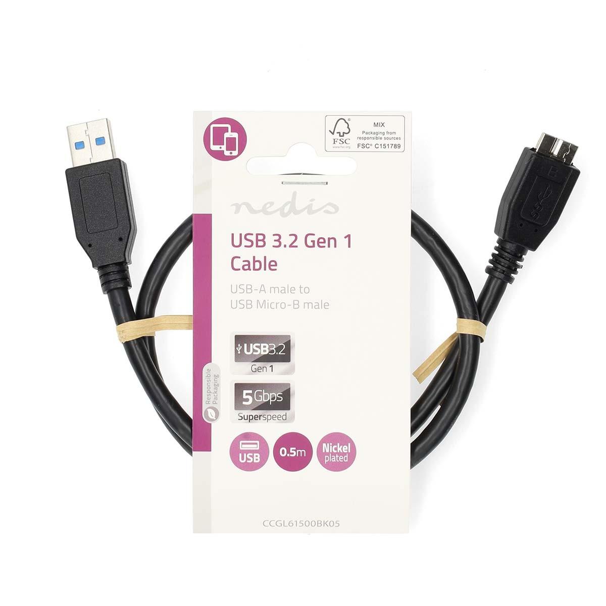 Nedis  Câble USB | USB 3.2 Gen 1 | USB-A mâle | USB Micro-B mâle | 5 Gbps | Nickelé | 0,50 m | Rond | PVC | Noir | Etiquette 
