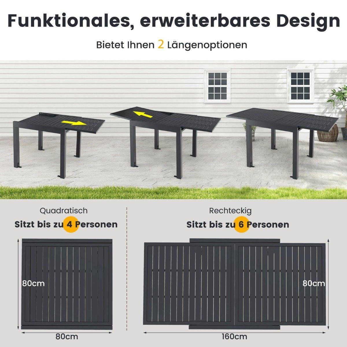 B2X Tavolo da giardino in alluminio allungabile 80/160 x 80 cm tavolo da pranzo resistente alle intemperie grigio scuro  