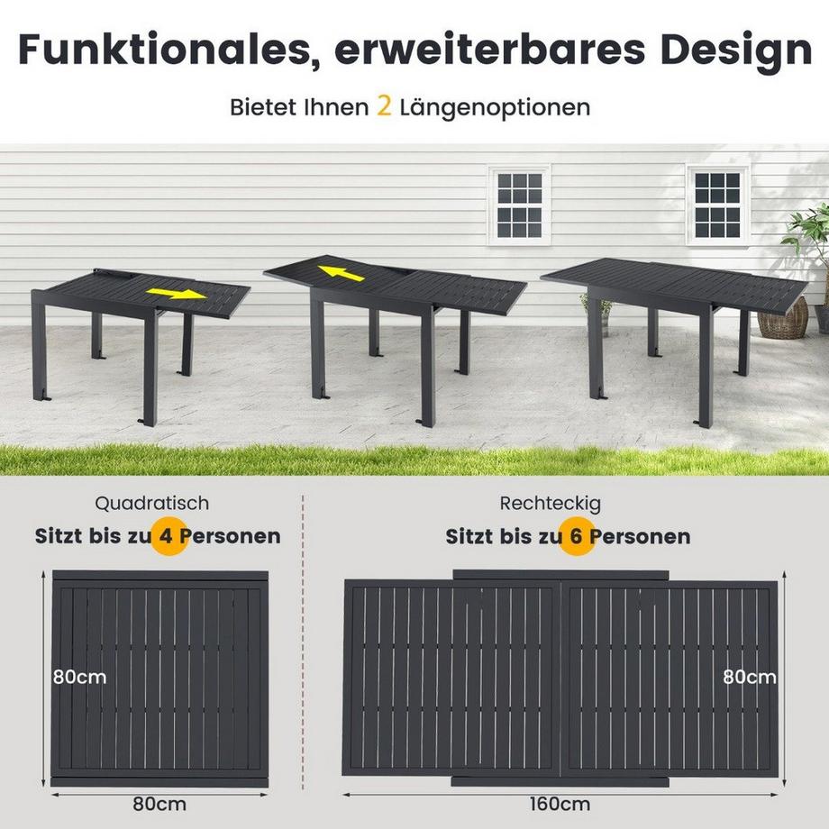 B2X Table de jardin aluminium extensible 80/160 x 80cm table à manger résistante aux intempéries gris foncé  