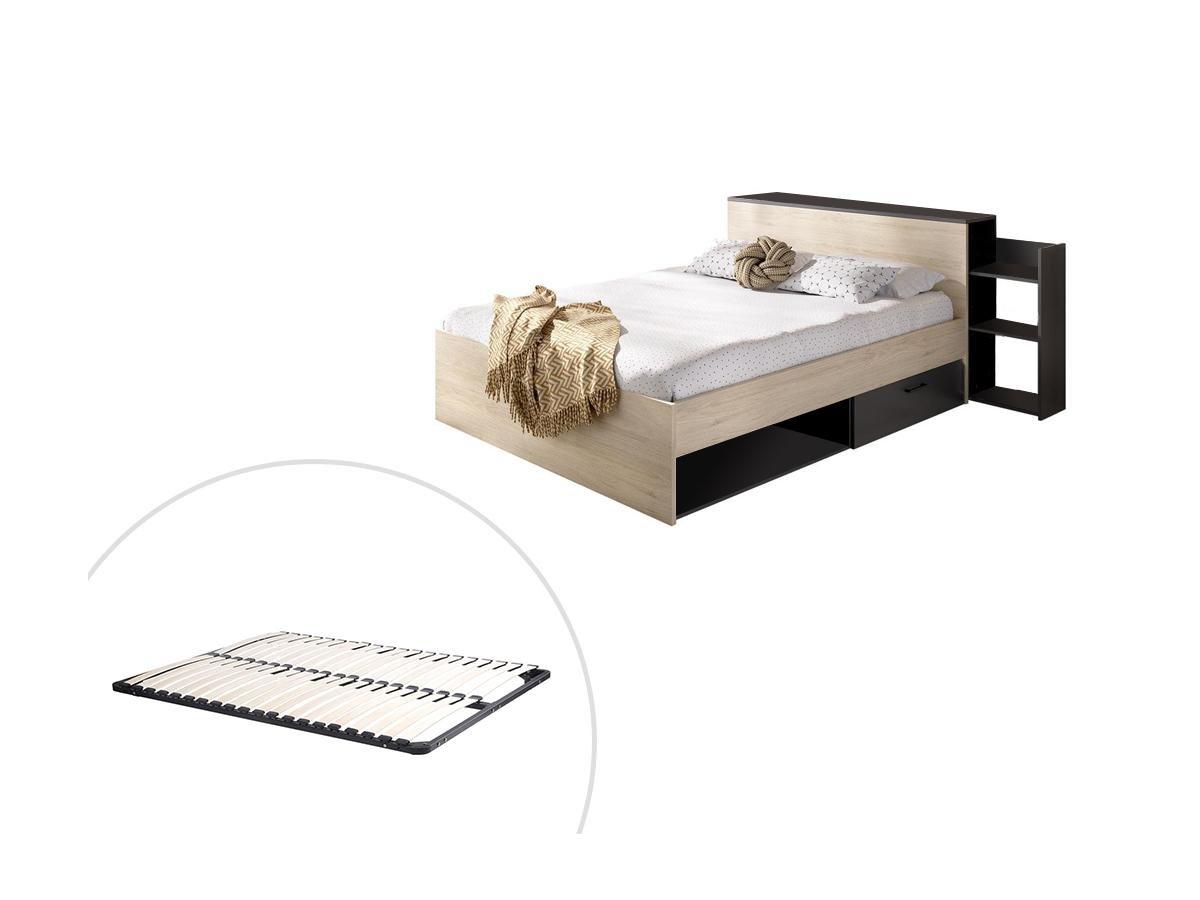Image of Bett mit Kopfteil & Stauraum & Schubladen + Lattenrost - 140 x 190 cm - Naturfarben & Anthrazit - FLORIAN Bett mit Kopfteil & Stauraum & Schubladen + Lattenrost - 140 x 190 cm - Naturfarben & Anthrazit - FLORIAN